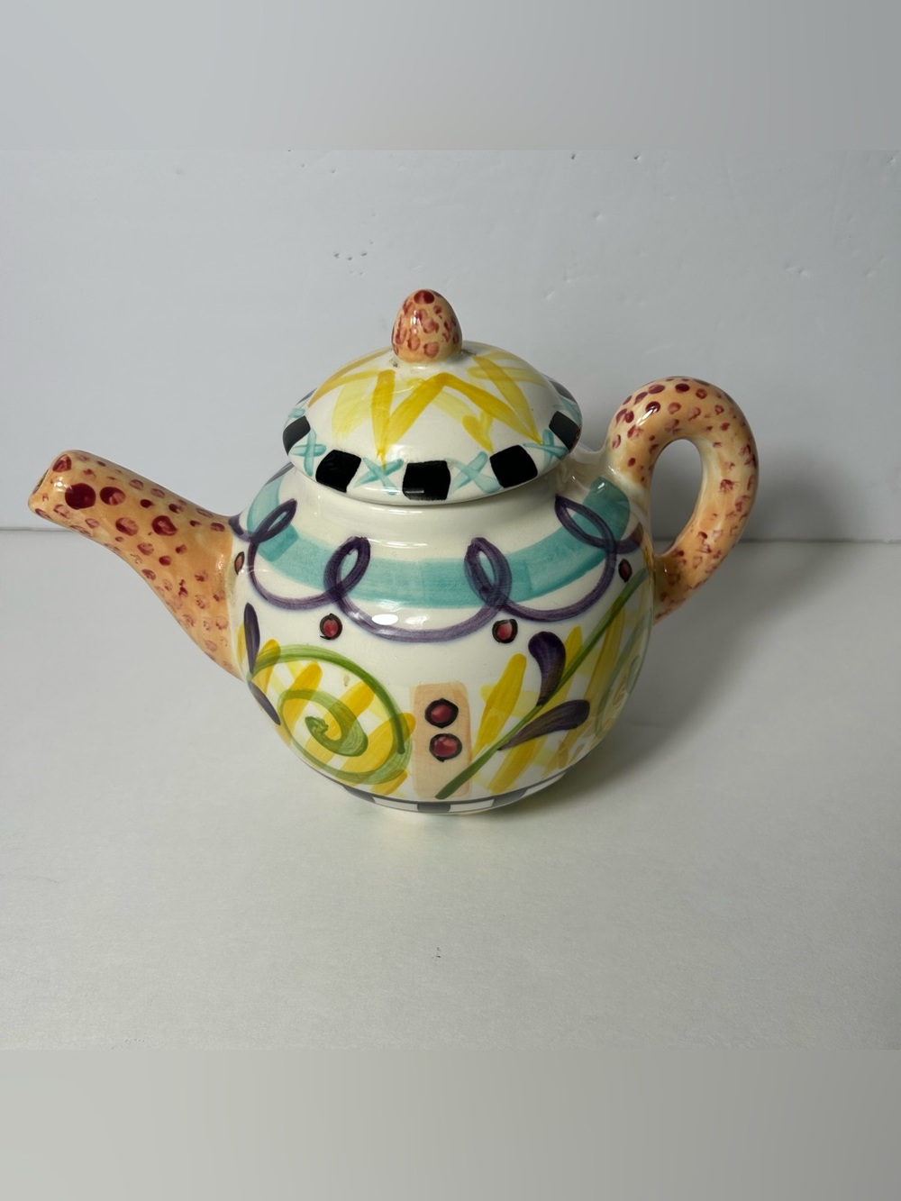 Vintage Hand Painted Ceramic Teapot Flower Holder Glossy Art Home Decor Kitchen